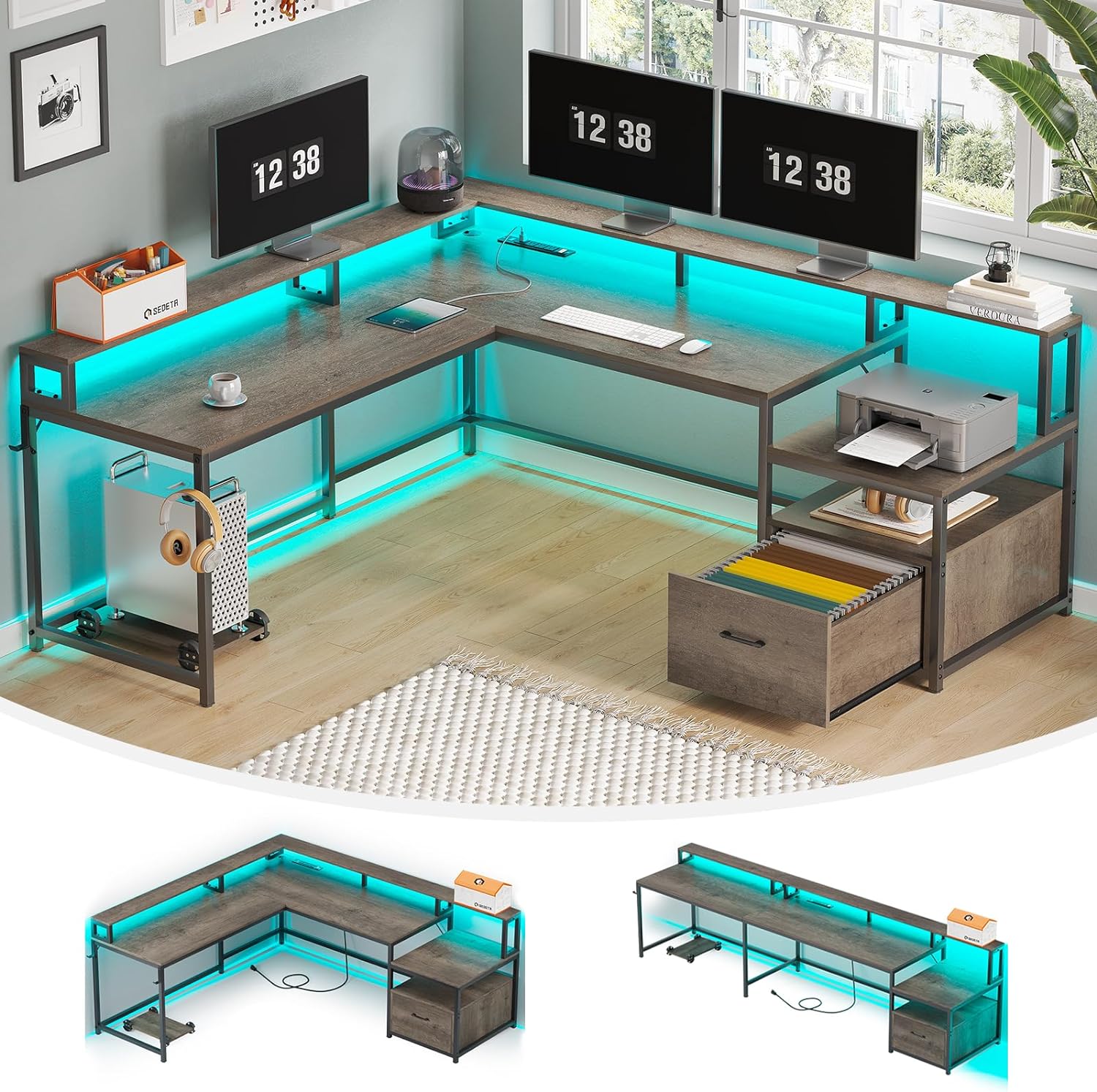 YANGLI 66" L-Shaped Desk, Home Office with Wood File Drawer, Power Outlet, LED Lights, Monitor Shelf, Printer Shelves, Two-Person, Walnut