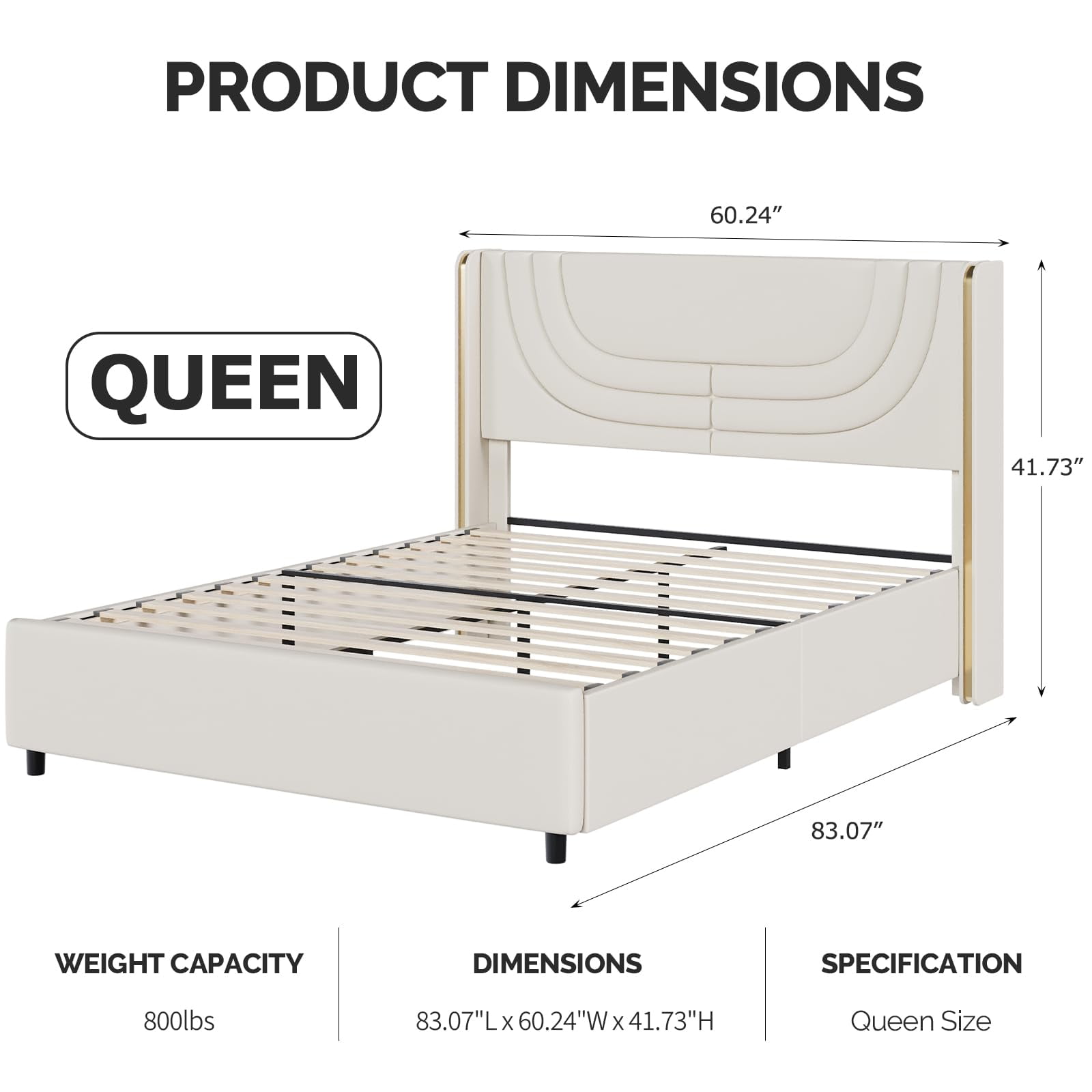 4 EVER WINNER Queen Size LED Bed Frame, Upholstered Platform Bed with LED Light Headboard, Beige Queen Bed Frame, Beige