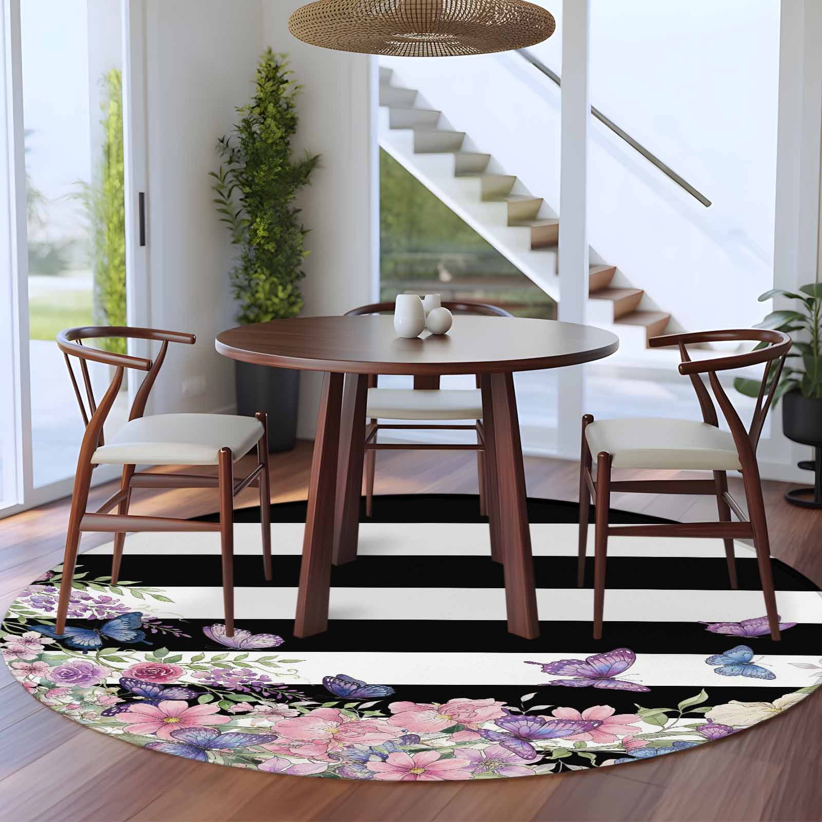 Pink Flowers Round Area Rug 5Ft Washable Circle Rugs for Living Room Bedroom, Spring Floral Watercolor Botanical Farmhouse Striped Non-Slip Carpet Floor Mats Indoor Outdoor Carpet Runner Home Decor