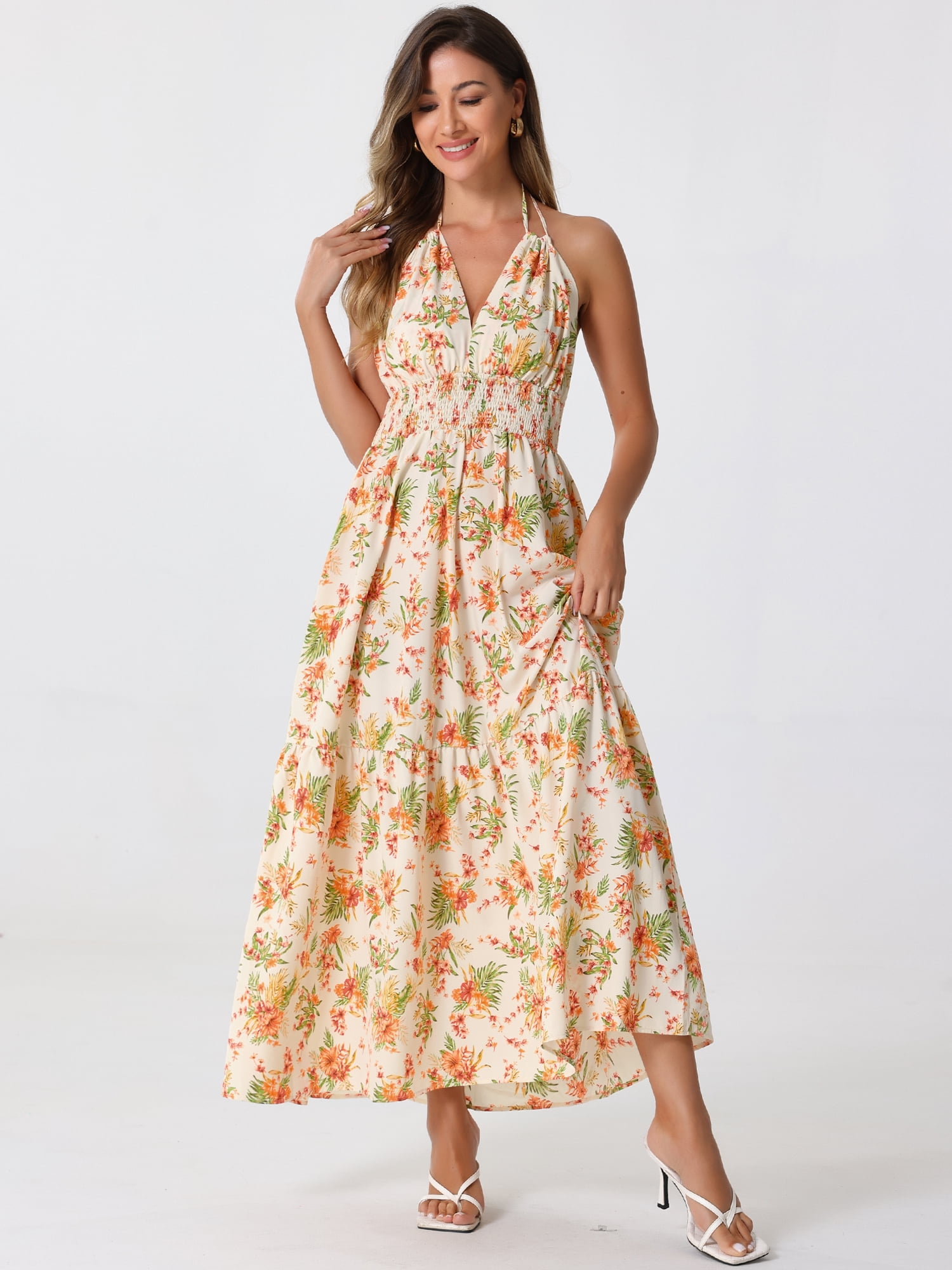 DARING DIVA Women's Halter Sleeveless Boho Floral Maxi Dress XL Apricot