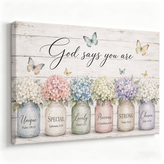 God Says You Are Floral Mason Jars Canvas Wall Art, Christian Bible Verse Decor, Colorful Hydrangea Butterfly Artwork For Bathroom, Living Room, Bedroom, Office, Ready To Hang 8*12inch(20*30cm)