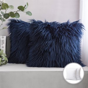 Phantoscope Mongolian Faux Fur Square Pillow, Navy, 2-Pack