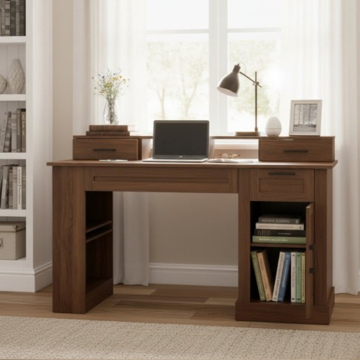 55" Farmhouse Computer Desk with Storage Cabinet & Charging Station, Barn Door Writing Desk with Keyboard Tray, Monitor Stand, Pegboard, Drawer & Adjustable Shelf for Home Office, Walnut