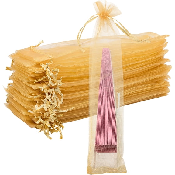 100Pcs Drawstring Fan Bags 2x10 Inch Organza Folding Fan Present Bag Long Tulle Mesh Candy Pouches Holder Pocket DIY