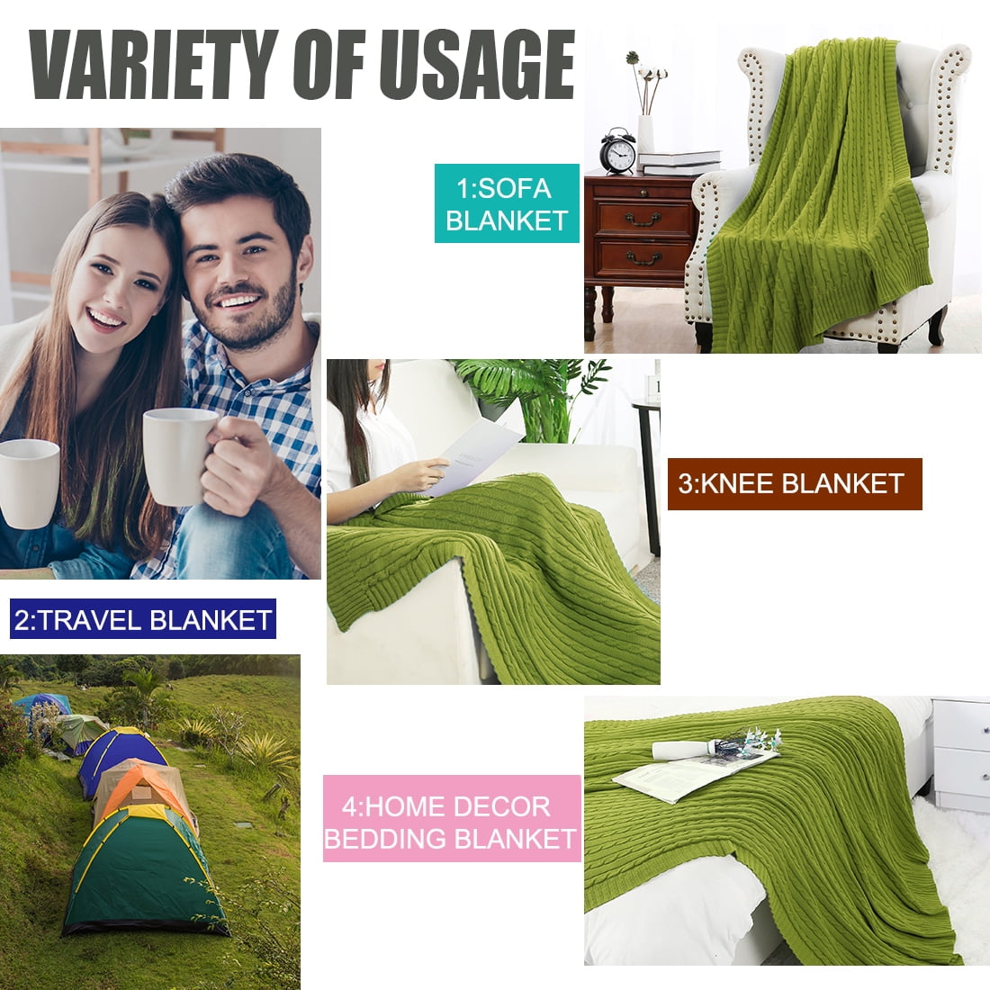 Unique Bargains Cable Knitted Bed Sofa Throw Blanket Yellow-Green 47" x 71"