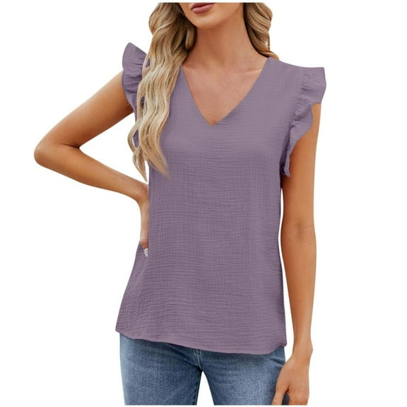 VERUGU Womens Tops Cap Sleeve V-Neck Pleated Shirts Summer Solid Short Sleeve Loungewear T-shirts Casual Loose Comfy Blouses for Leggings Purple S