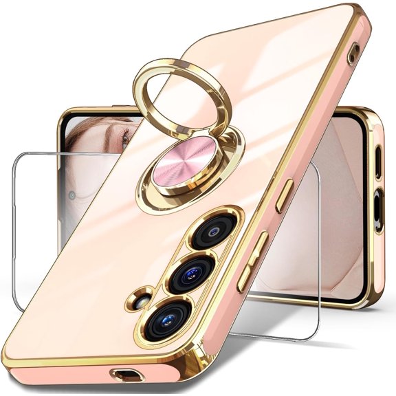 for Samsung Galaxy S24 5G Case, Screen Protector, 360° Rotatable Ring Holder Magnetic Kickstand,Plated Gold Edge Slim Soft TPU Protective Phone Cover for Galaxy S24 5G (Pink)