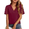 thumbnail image 2 of Sngxgn Women's T-Shirts V-Neck Print Short Sleeve Casual Tee Tops Cute Graphic Shirts Solid Color Blouse(RD1,XL), 2 of 6