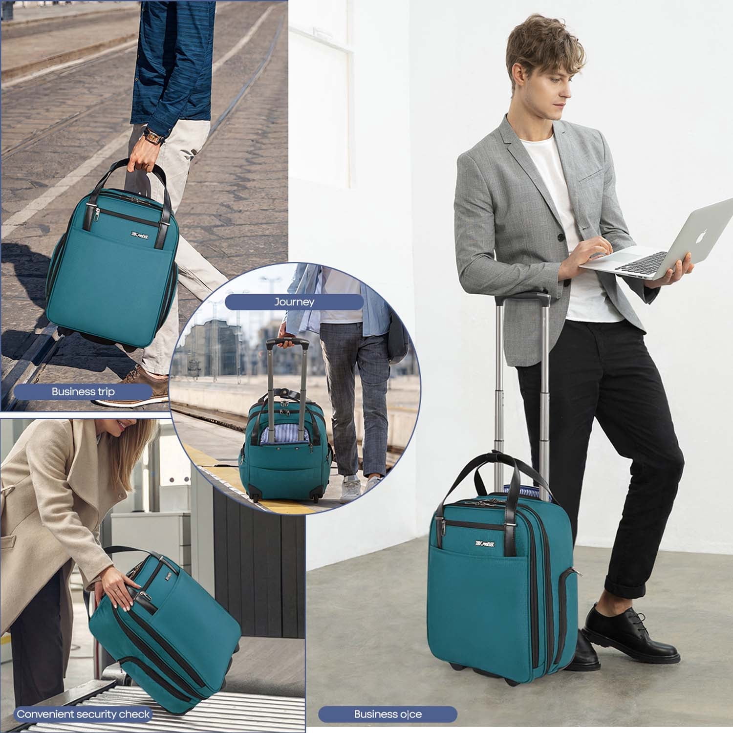 16" Underseat Carry on Luggage for Airplane, Softside Small Rolling Suitcase,Lightweight Personal Item Travel Bag, Green - XJ5011