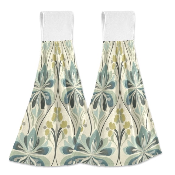 Yayeee Kitchen Hanging Hand Towels Set of 2 with Loop Bathroom Absorbent Tie Towel, Beige Floral Pattern