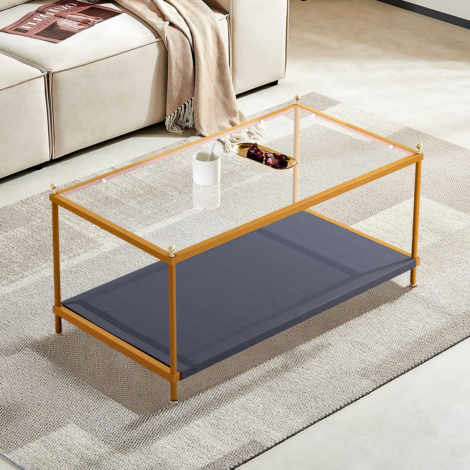 Spaco Rectangle Glass Coffee Tables for Living Room Center Coffee Table with Storage