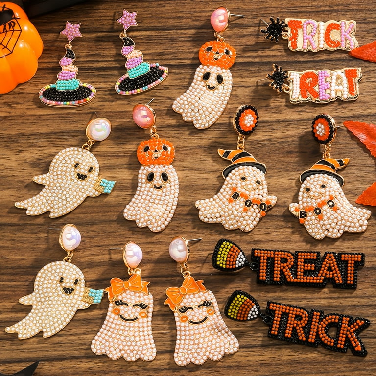SXS Halloween Alloy Rice Bead Ghost Drop Earrings TREAT TRICK