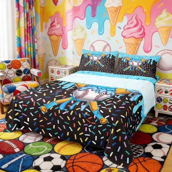 Erosebridal Blue Ice Cream Baseball Bat Print Queen Sheet Sets, Sweet Sports Bed Set for Kids Boys and Girls, 1 Flat Sheet, 1 Fitted Sheet and 2 Pillowcases
