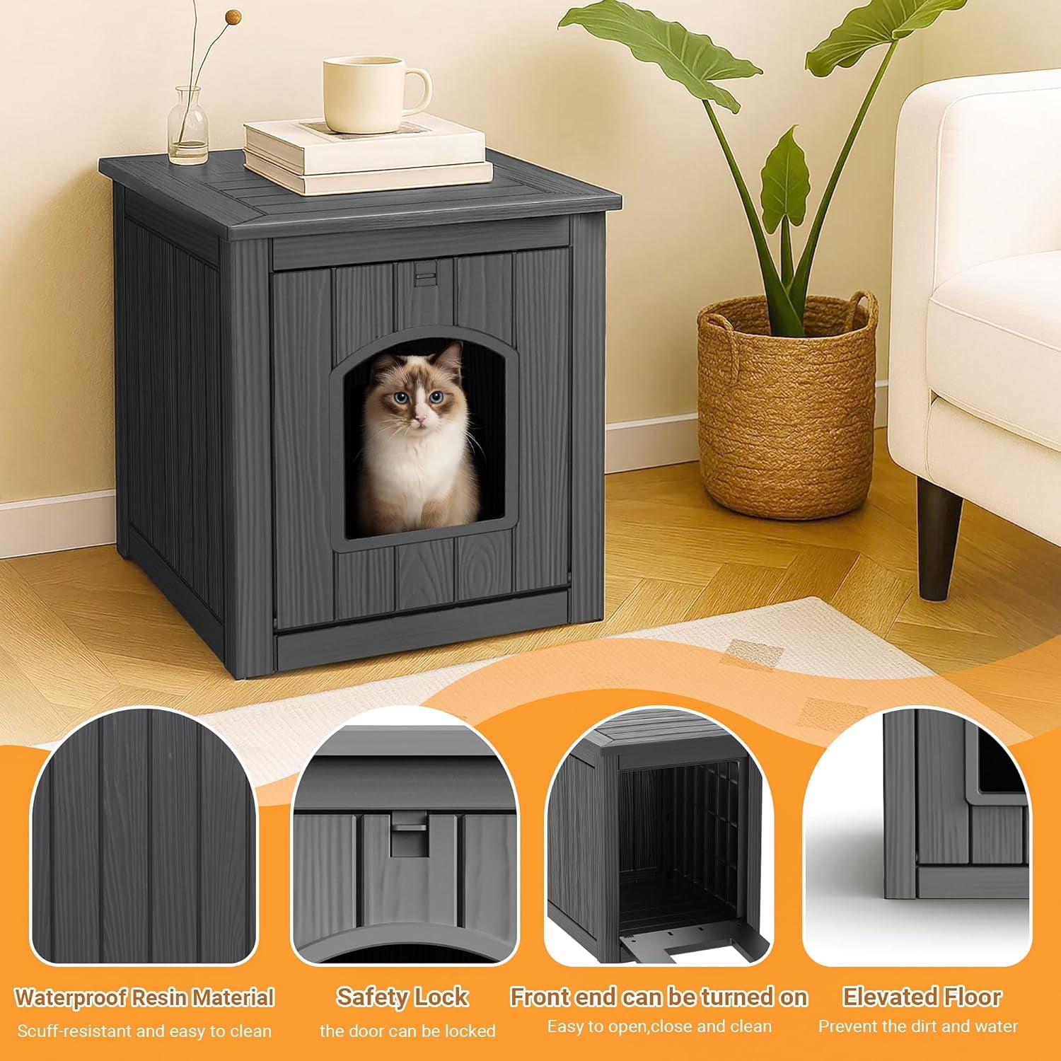 LEHOME Outdoor Cat House -Weatherproof Resin Cat Houses for Cats, Durable, Easy Assembly,cat Igloo Outdoor，Durable & Insulated Shelter for Garden, Patio, or Backyard（Black，18.46 * 23.62 * 21.42）