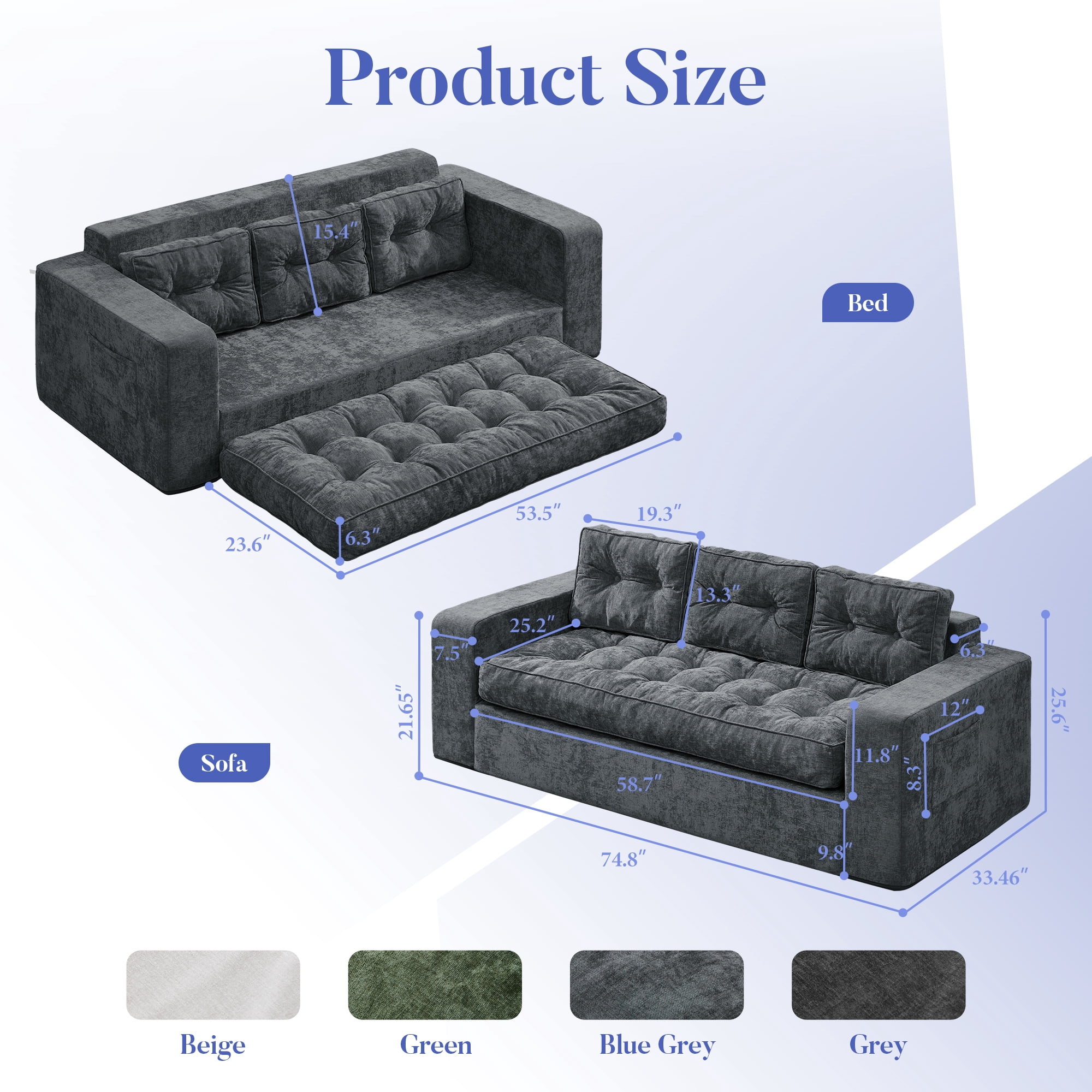 Hobestluk 3-Seater Sofa Boneless Couch with Tufted Button Design 2 in 1 Comfy Cloud Couch Oversized Sofa for Living Room Bedroom Apartment or Office (Blue Grey, 3 Seater)