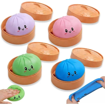 4PCS Dumpling Squishies Stress Ball Soft Squeeze Decompression Dough Squishy Bun Basket Stuffers