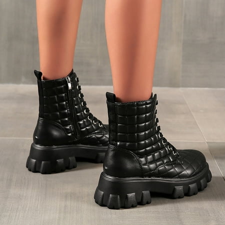 

Women s Plaid Lace Up Leather Boots Thick Sole Side Zipper Medium Boots In Solid Color
