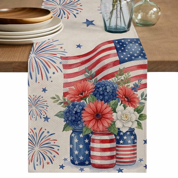 Independence Day Floral Table Runner 36 Inches, Anniversary USA Flag Vintage Bed Runner Dresser Scarves Tabletop for Indoor Outdoor Parties/Ceremony/Banquet, 13"x 36"