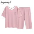 thumbnail image 1 of Conjunto de pijama hasta la pantorrilla para mujer, ropa de dormir de talla grande, Modal, con estampado a la moda, hasta la rodilla, de verano, 1 of 4