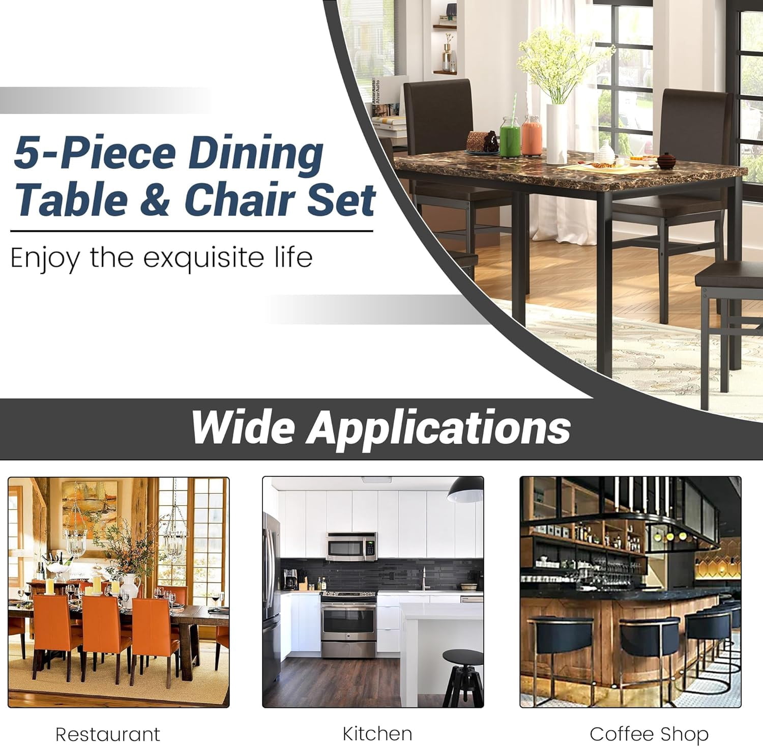 AWQM Modern 5-Piece Dining Table Set, Artificial Marble Dining Table With 4 Chairs in PU leather for Kitchen and Living room, Small Kitchen Table, Kitchen Table Set, Brown