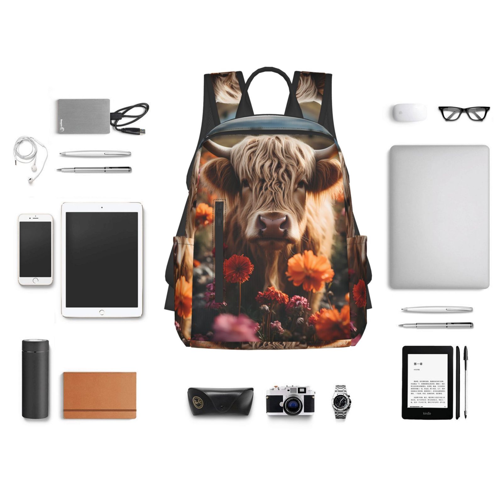 Xecao Realistic Flower Cow print Backpack For women men Aesthetic Lightweight Travel Daypack Simple Cute Backpack For Bookbag