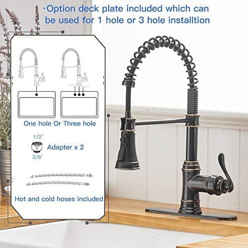 BWE Kitchen Sink Faucet with Deck Plate Oil Rubbed Bronze with Pull Down Sprayer 3 Spray Modes Single Handle Singe Lever High Arc Kitchen Faucet Lead-Free Farmhouse Commercial Bar Kitchen Faucets