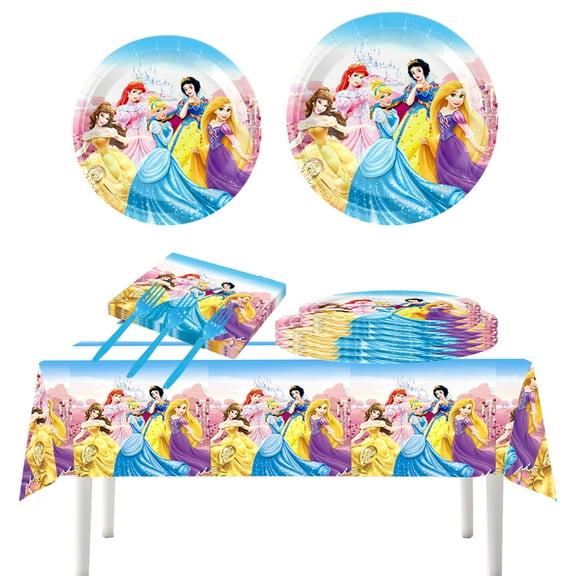 81pcs princess birthday party supplies, set includes 40 plates, 20 napkins, 20 pieces of knives and forks and a tablecloth, themed princess set for birthday party baby shower decorations
