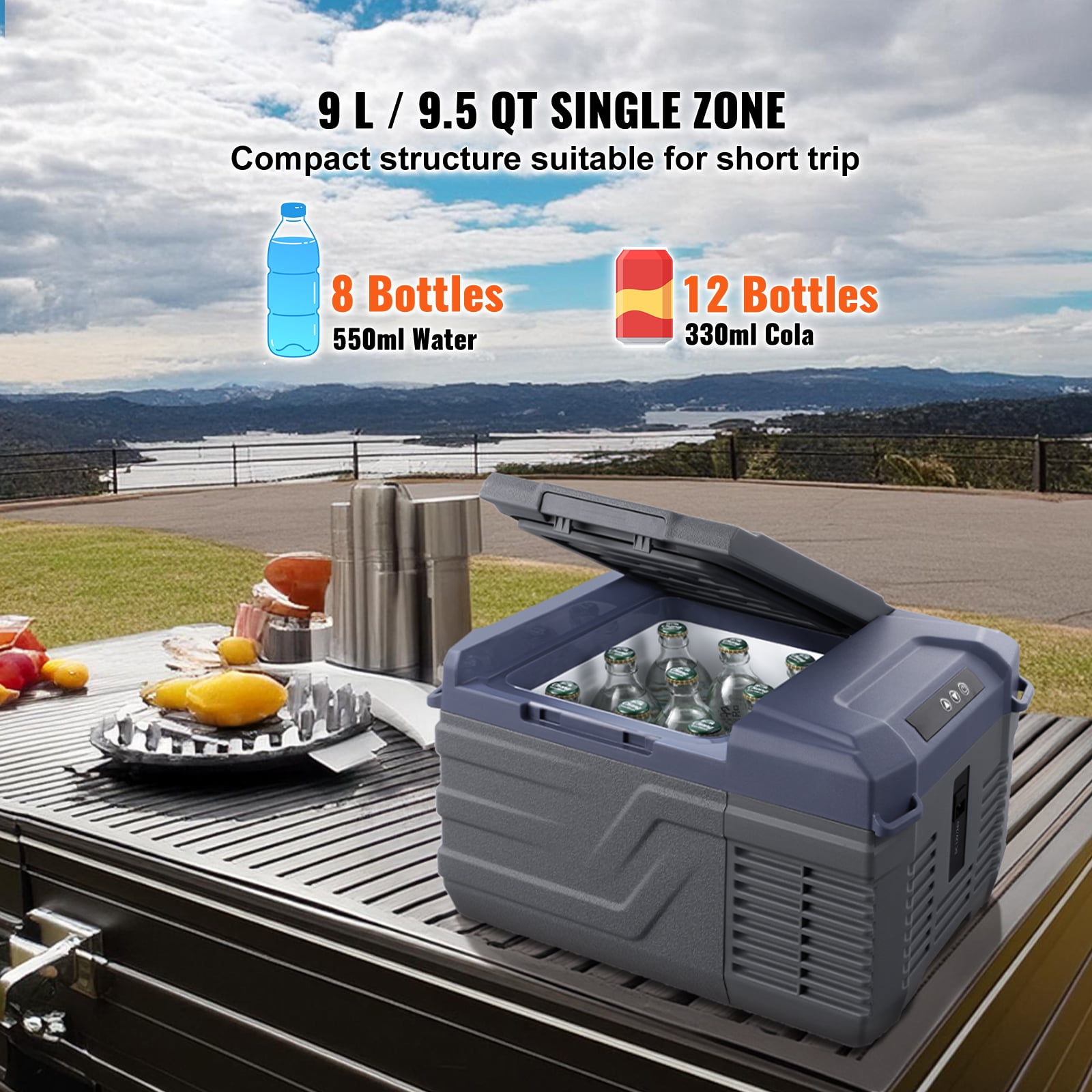 KFFKFF Car Cooler, 12V Portable Fridge, 9L Capacity, Single Zone Freezing/Chilling, -4℉-68℉ Temp Control, 12/24V DC & 100-240V AC for Travel, Camping, RV