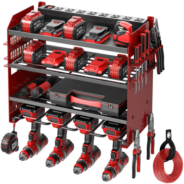 Power Tool Organizer Wall Mount with Charging Station, Heavy Duty Drill Holder, 4 Drill Storage Shelf for Workshop, Garage