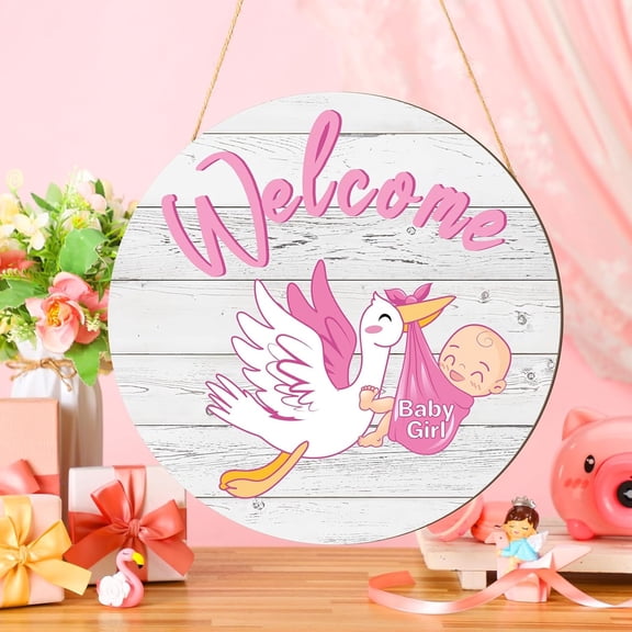 XIBUFE Baby Girl Door Sign Gender Reveal Welcome Sign Hanging Wreath Round Rustic Wood Farmhouse Decorations Holiday Front Door Decor for Baby Shower Porch Party Supplies