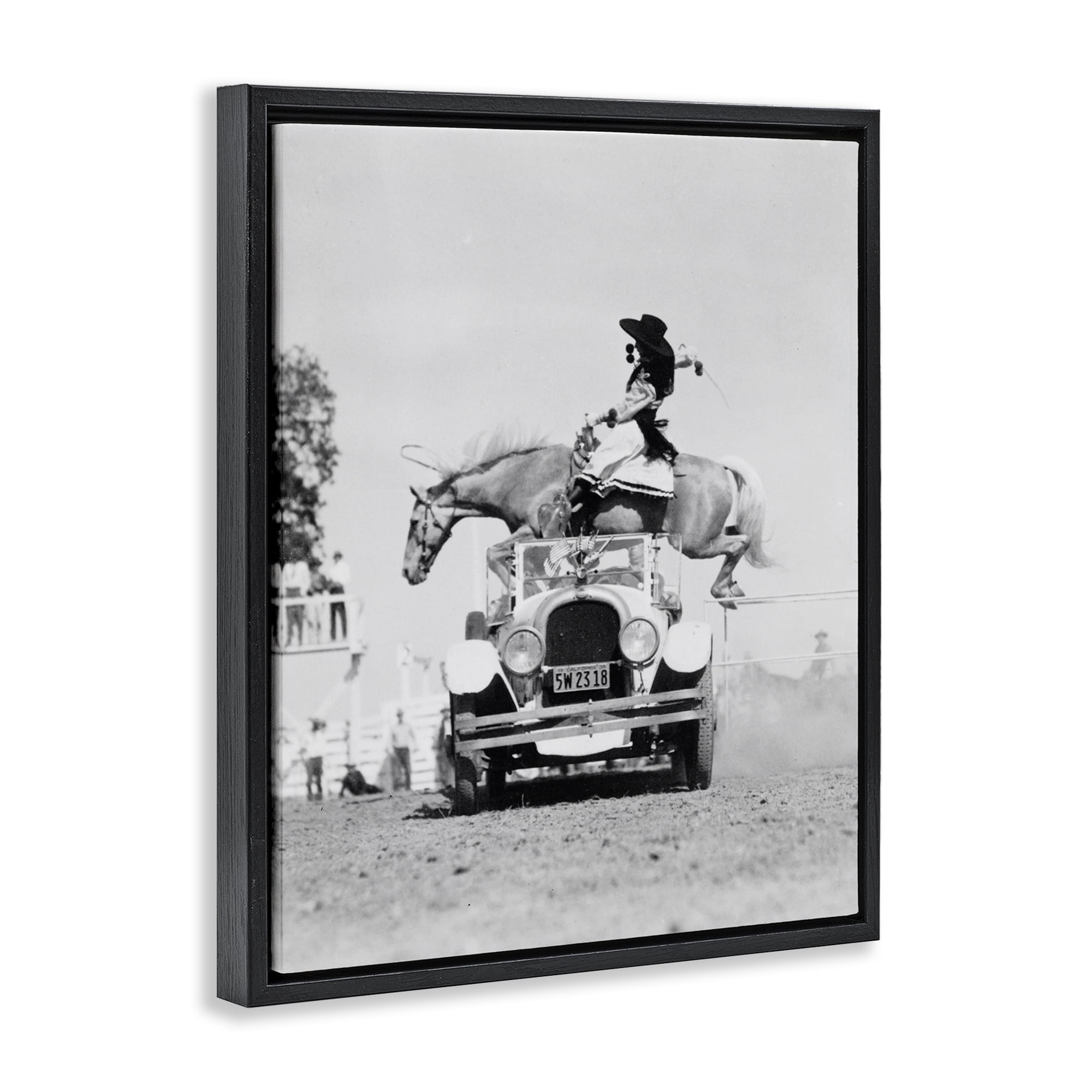 Stupell Industries Rodeo Girl Jumping Horse Animals Photography Black Floater Framed Canvas Art Print Wall Art, 17 x 21