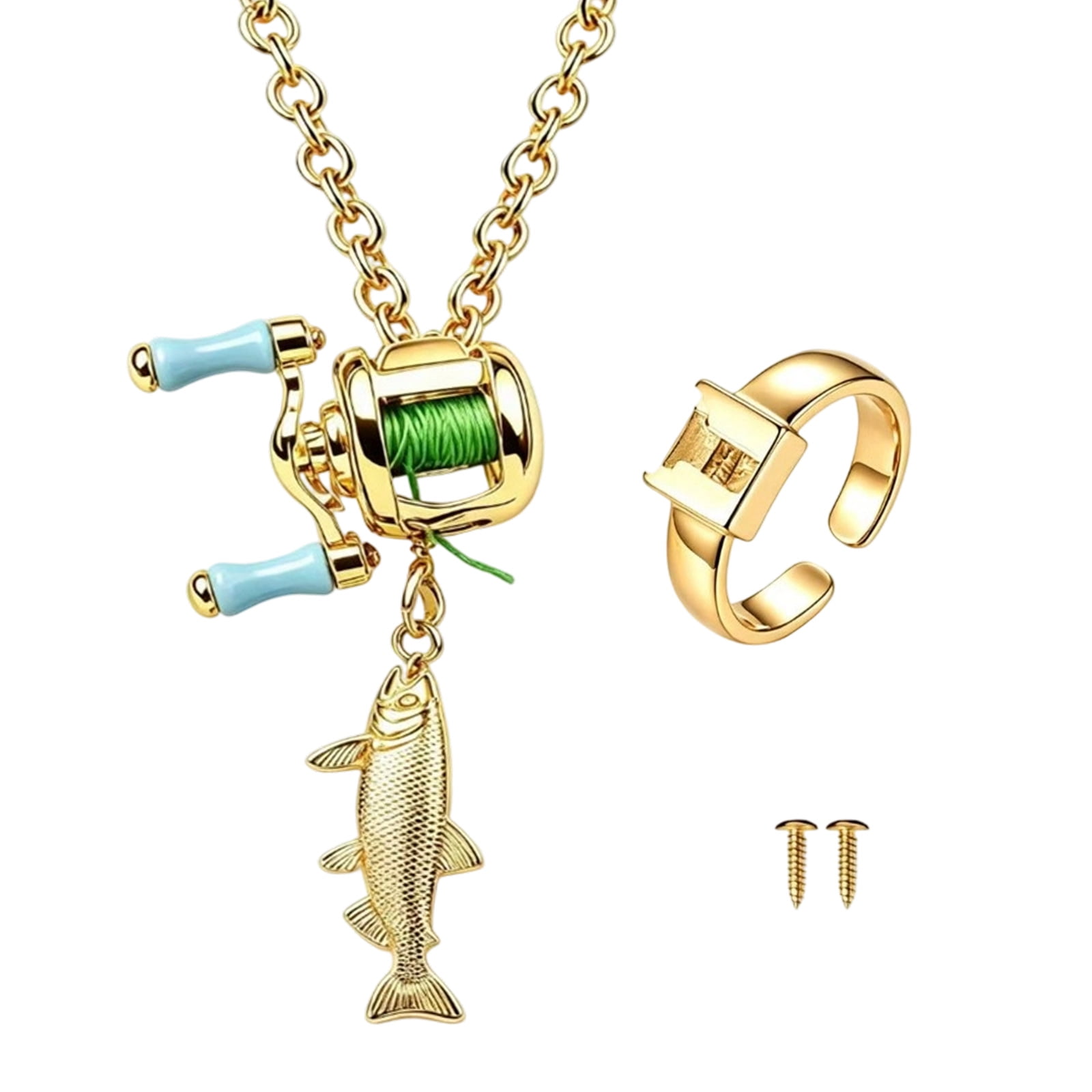 Miniature Fishing Reels Jewelry in Gold Tone with a Turning Handle Accent and Layered Simulated Line Detailing for Decorative Wear