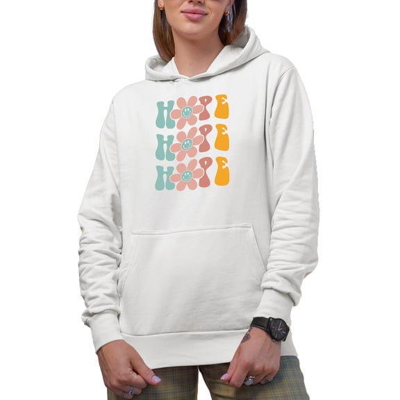 Hope with Flowers, Groovy Retro Wavy Text Merch Gift, White Hooded Sweatshirt or Hoodie, Small