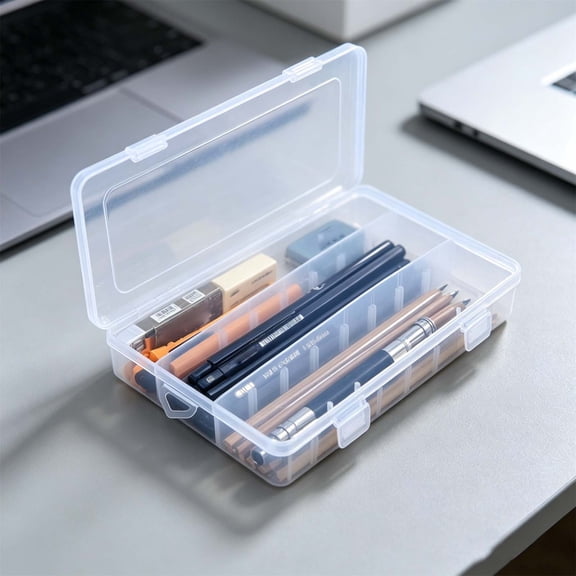Sktrjpolfis Clear Transparent Plastic Pencil Box, Adjustable Divider Hard Shell Storage Case, Large Capacity Snap-Lock Organizer for Office Home Art Supplies