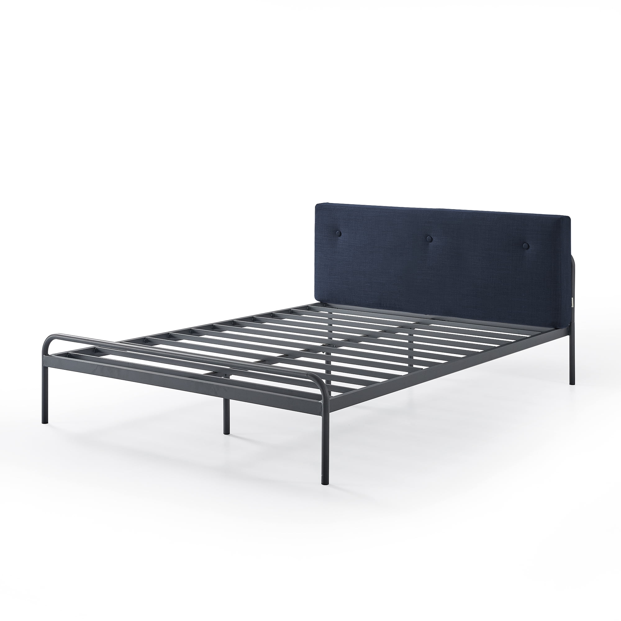 Mellow Maggie Metal Platform Bed with Upholstered Cushion Headboard, Navy, Queen