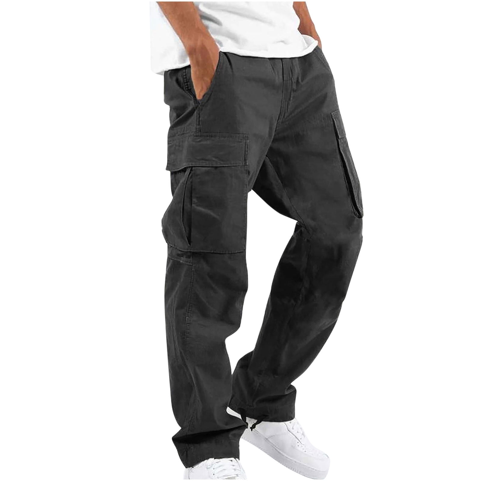 Floleo Men Flap Pocket Drawstring Elastic Waist Cargo Pants Straight-Fit  Casual Pants Solid Trousers Relaxed Plus Size Long Pant 