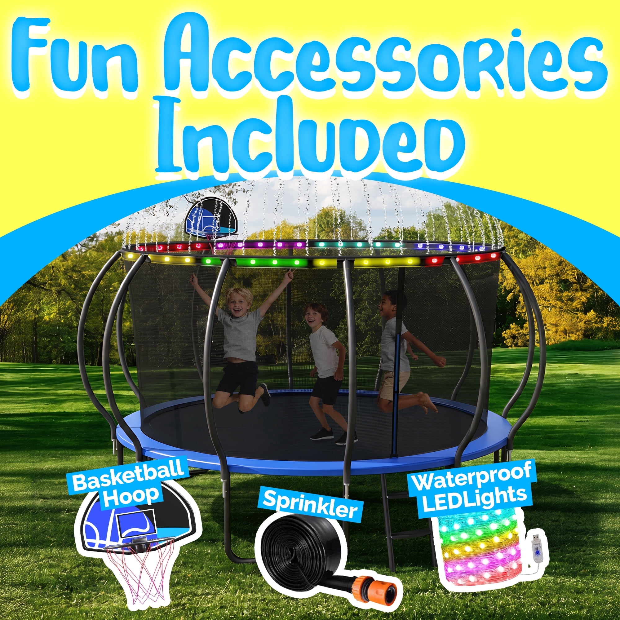 YORIN Trampolines Outdoor with Sprinkler and Lights, 2026 UPGRADED 1400LBS 14FT Trampoline for 7-8 Kids Adults with Enclosure Net, Basketball Hoop, Ladder, Heavy Duty Trampoline, Birthday Gift
