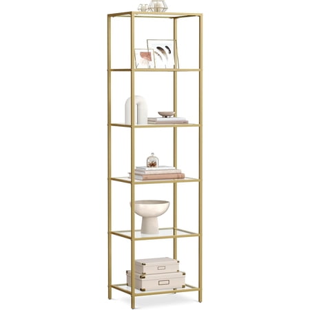 Bookcase, 6-Tier Bookshelf, Slim Shelving Unit for Bedroom, Bathroom, Home Office, Tempered Glass, Steel Frame, Metallic Gold
