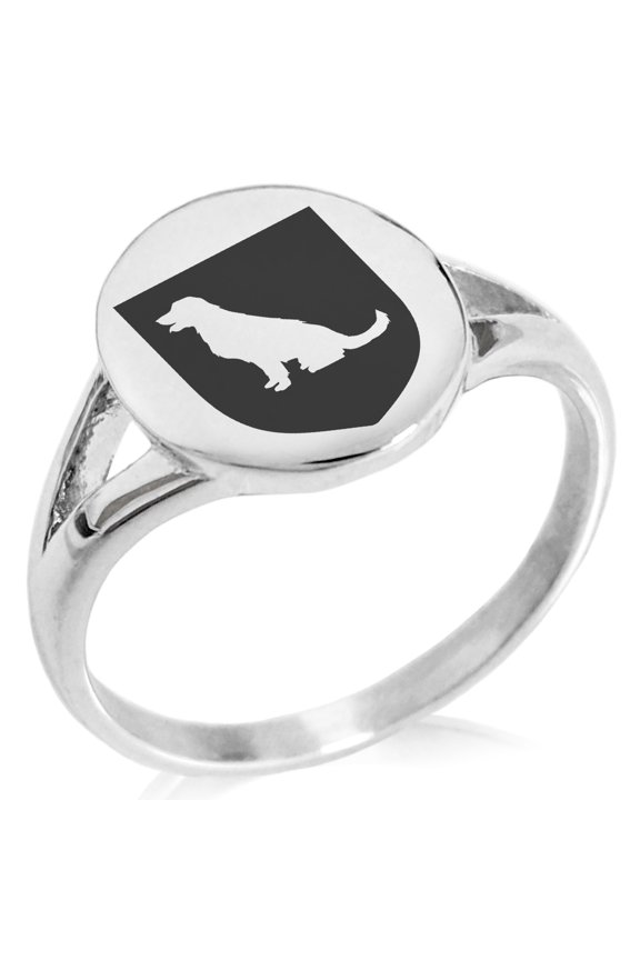 Stainless Steel Dog Loyalty Coat of Arms Shield Minimalist Oval Top Polished Statement Signet Ring