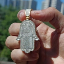 2.73 Ctw Round Cut Brilliant Moissanite 14K Yellow Gold Plated Custom Hamsa Pendant 2.2 "