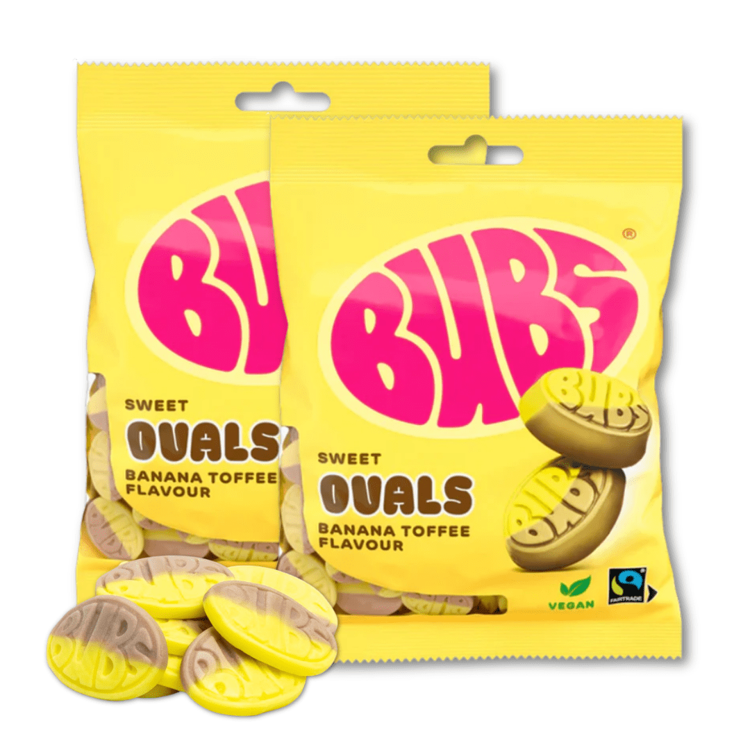 BUBS Banana Toffee Ovals - Pack of 2 - Swedish Soft Foam Vegan Gummy Candies - 5.5 oz. Bags