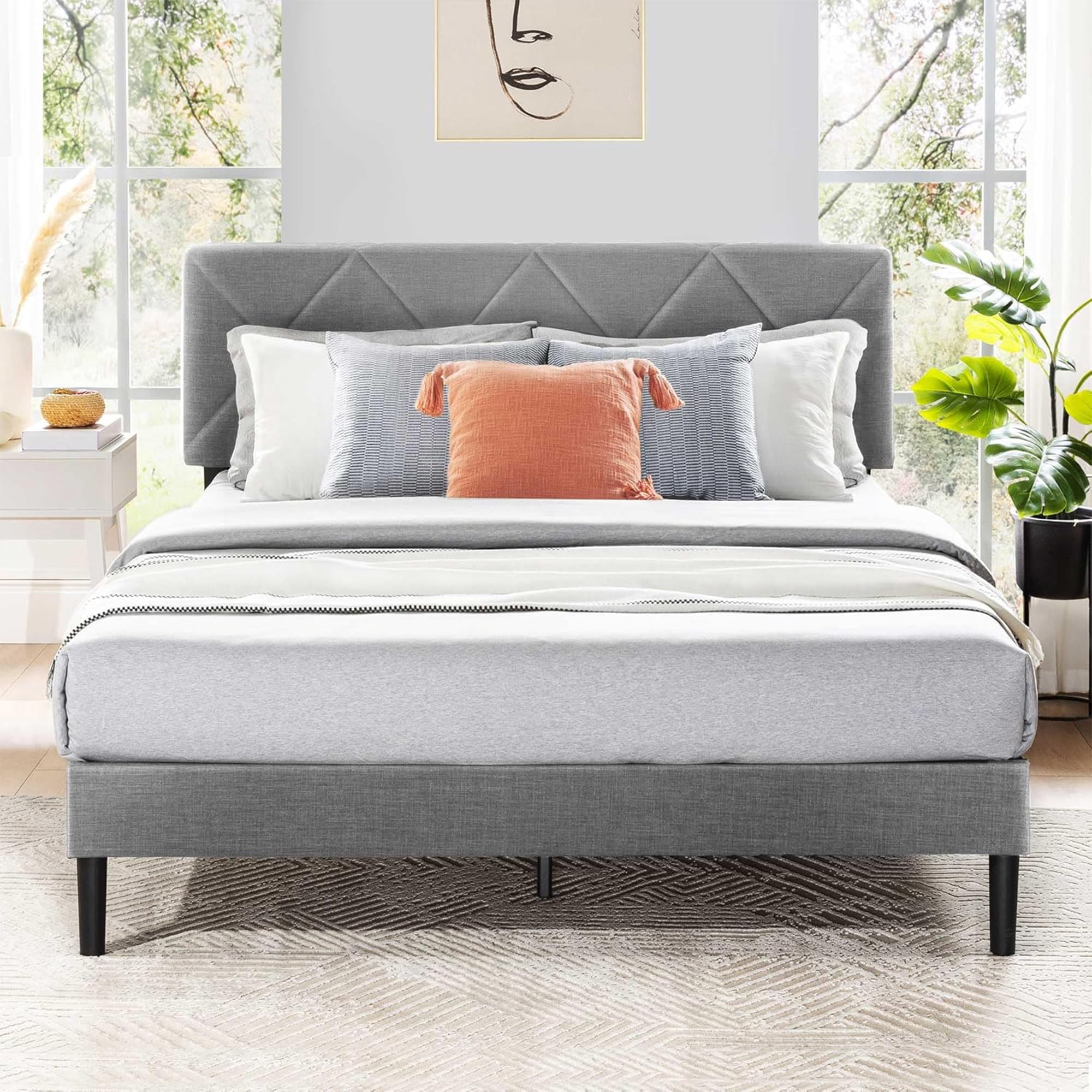 Mellow Olena Upholstered Platform Bed Frame with Diamond Channel Tufted Headboard, Queen