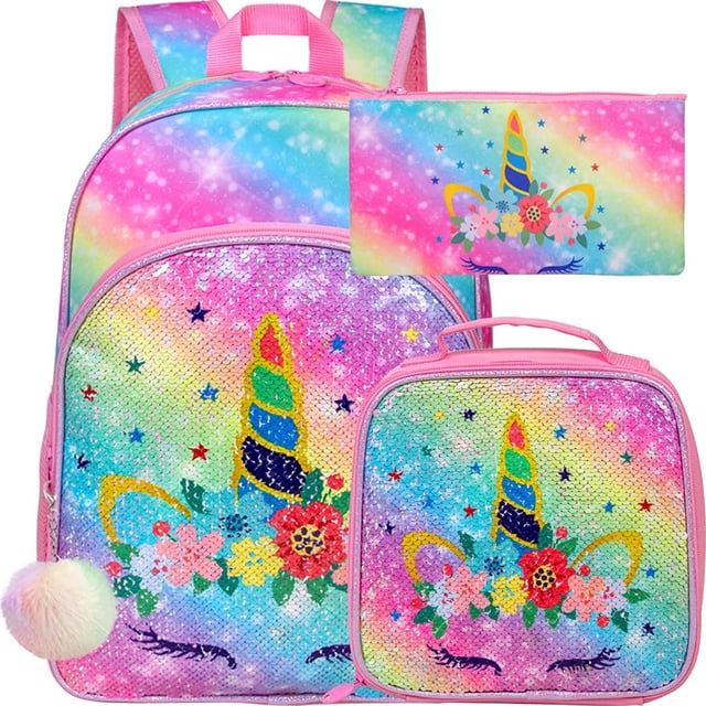 Set de mochila WZLVO Unicorn para niñas de 16 pulgadas con bolsa de almuerzo y estuche para lápices