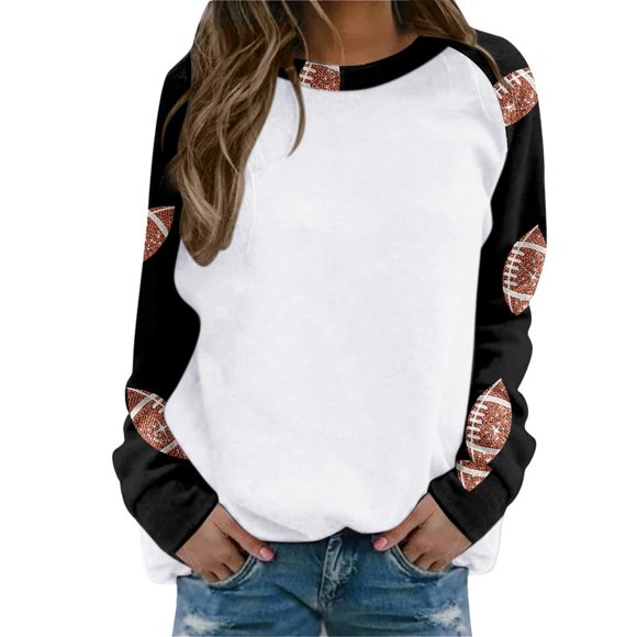 WZXFASHION Women's Fashion Casual Rugby Print Round Neck Long Sleeve Top Hoodless Sweatshirt Women Clearance y2k zip up hoodie