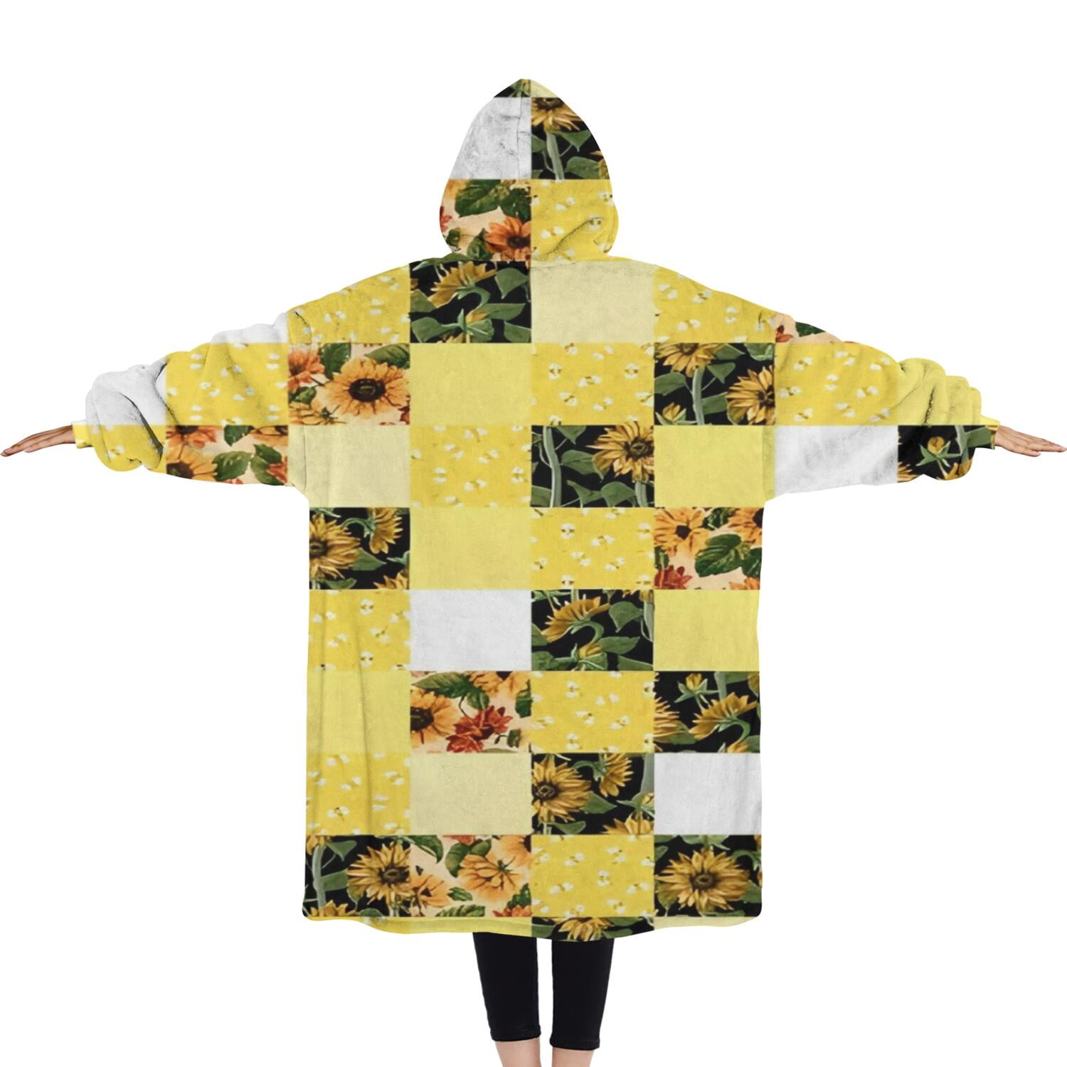 Oversized Wearable Blanket Hoodie,Yellow White Checker Sunflower Pattern Sherpa Blanket Hoodie with Super Pockets,Super Warm Fuzzy Pullover for Women & Men
