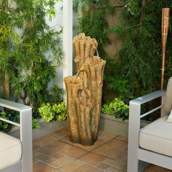 Alpine Corporation 47-Inch 3-Tier Cascading Tree Bark Fountain with 3 LED Lights