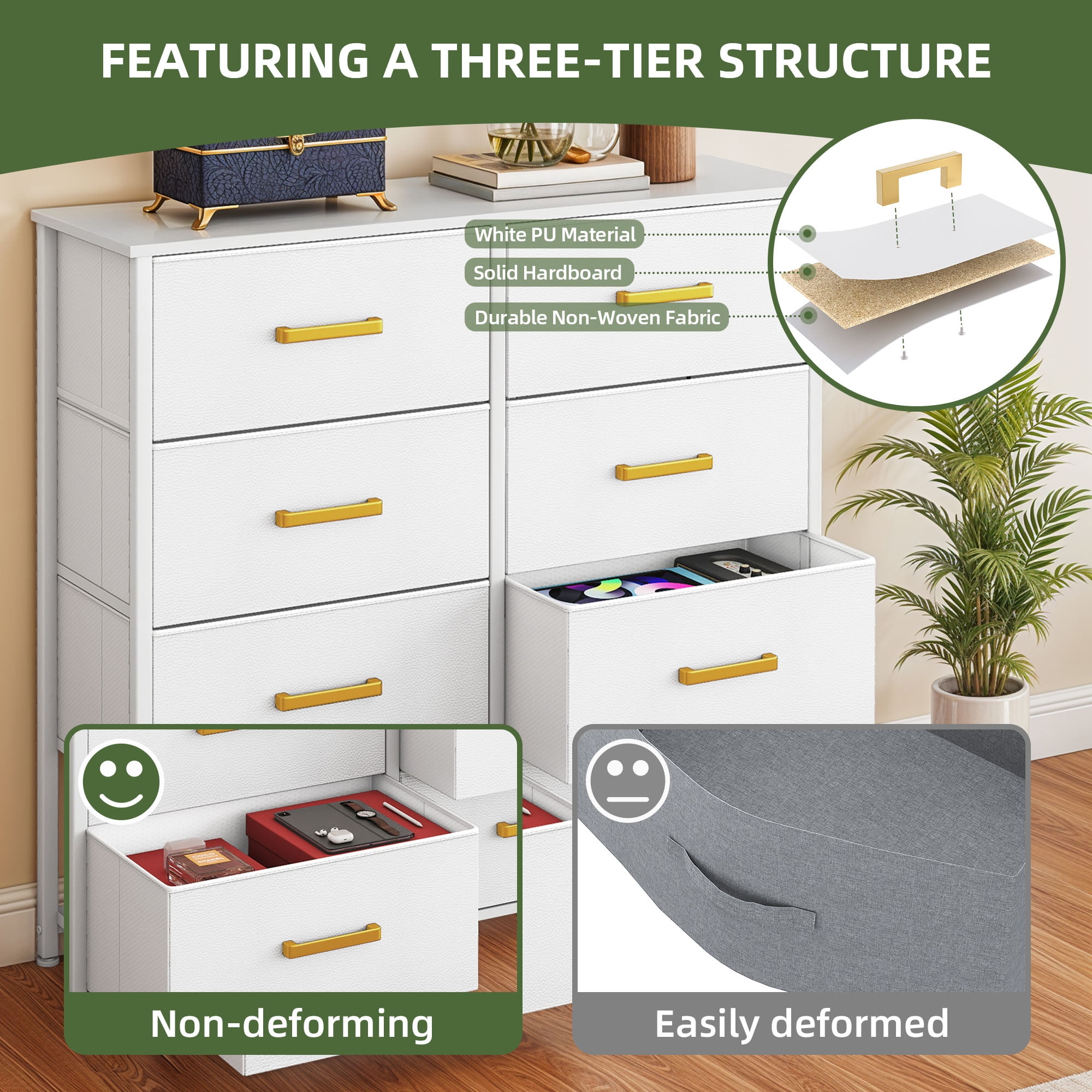 Uforic 8 Drawer Fabric Chest of Storage Dressers for , Closet, Living Room, White