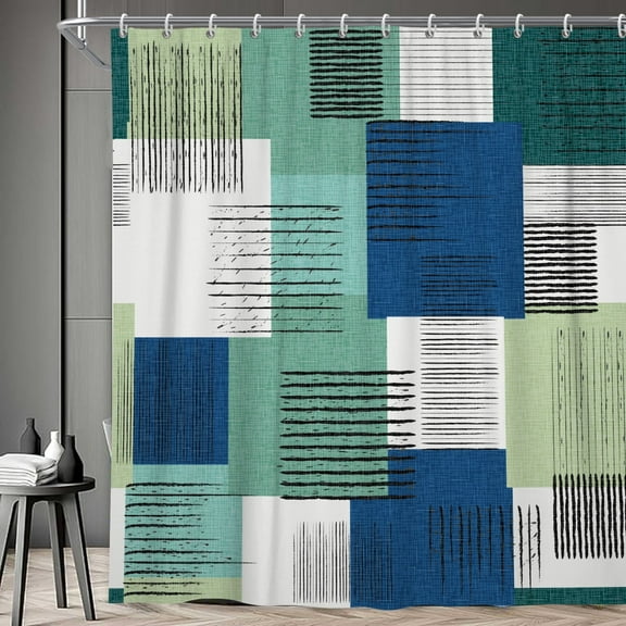 Blue Green Plaid Pattern Shower Curtain, Farmhouse Waterproof Fabric Shower Curtain,72''x72''