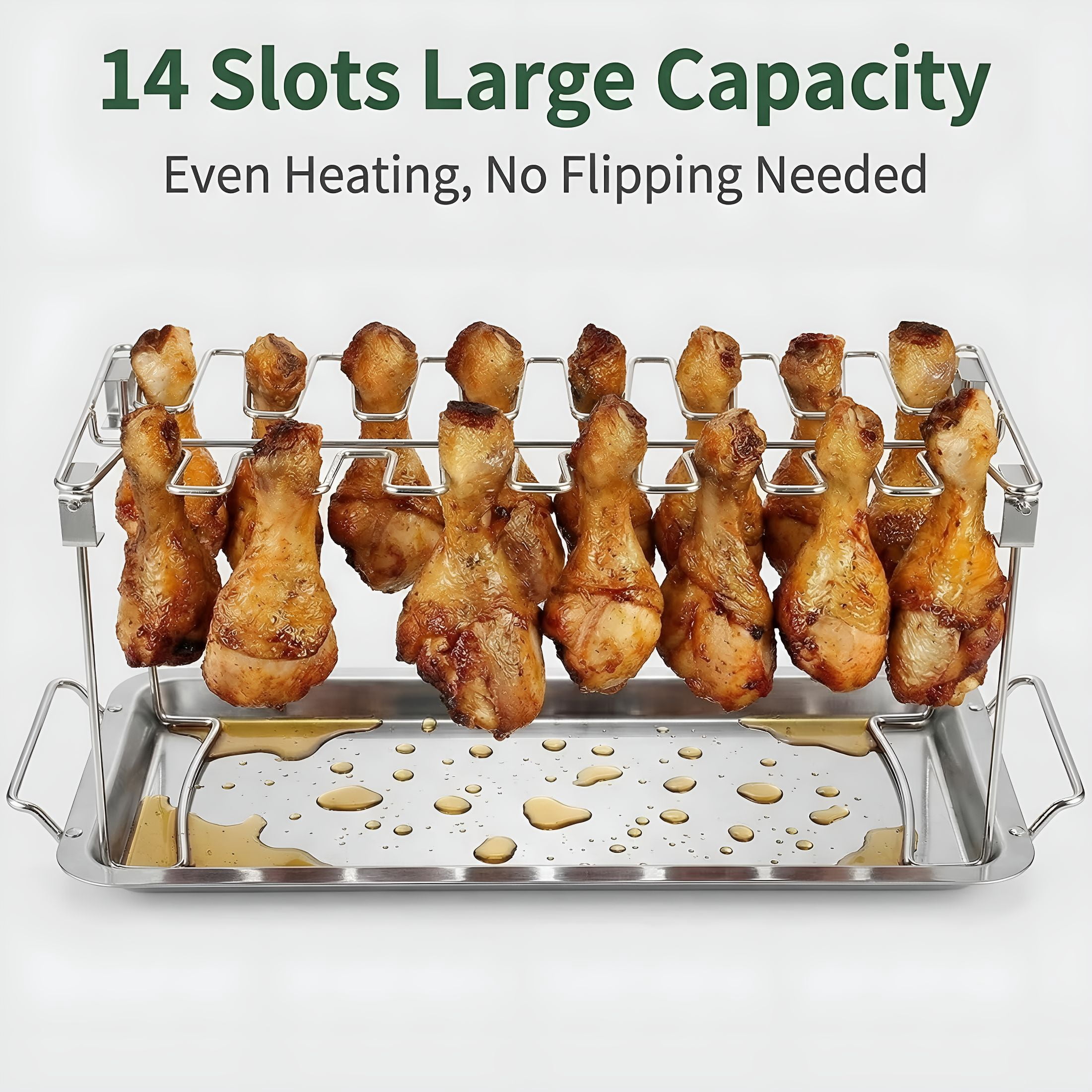 ACDANC Stainless Steel Cooking Roasting Rack with Drip Pan - 14-Slot Holder for Chicken Legs & Wings,for Smoker,Grill,Oven & Bbq
