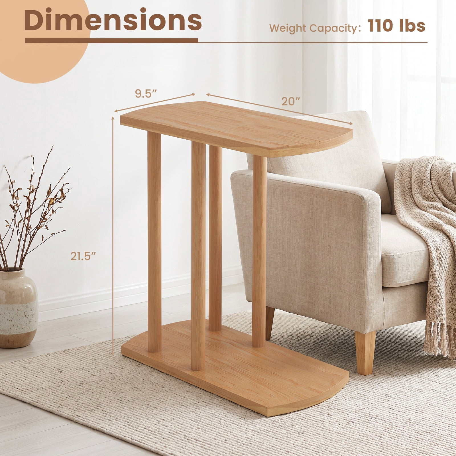 Furnibear Narrow 2 Tier C Shaped Teak Wood Side Table with Thickened Top and Sturdy Base for Sofa Couch Bed and Small Living Room, Natural